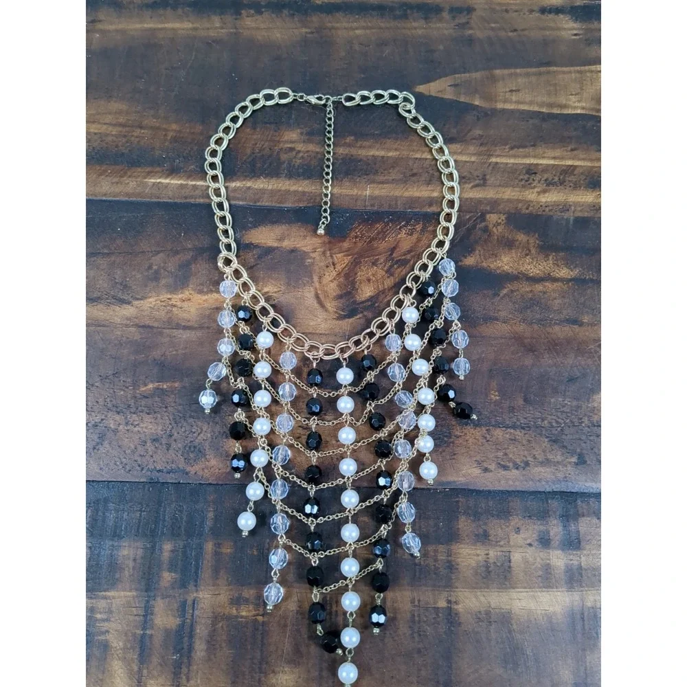 Beaded Bib Style Necklace w Matching Clipon Earrings & Broach Black White & Gold
